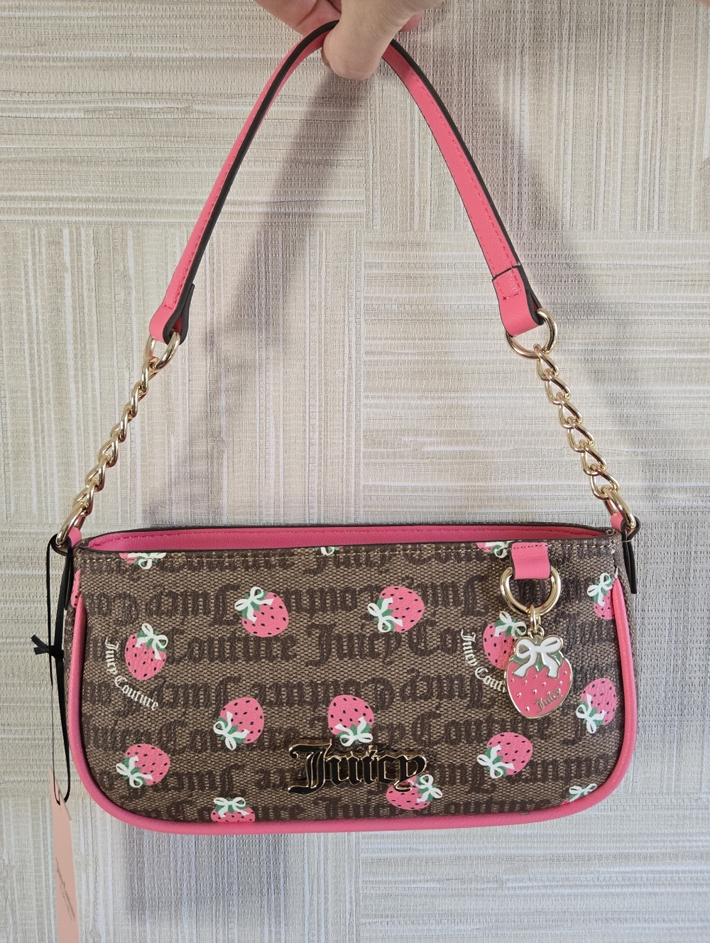 NWT Juicy Couture Berry Sweet Monogram Baguette Shoulder Bag Gold Script Logo